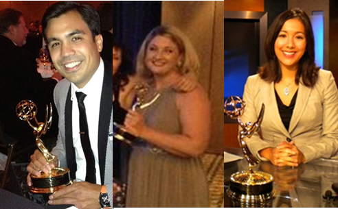 Steven Uhalde, Michele Ernest and Sabrina Rodriguez each holding an Emmy statuette.